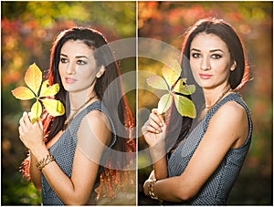 Beautiful woman in gray posing in autumnal park. Young brunette woman holding a leaf and spending time in autumn