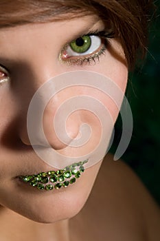 Beautiful woman with green lips