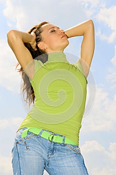 Beautiful woman in green T-shirt