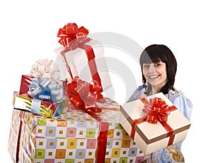 Beautiful woman with group of gift box. .