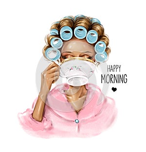 Beautiful woman with hair rollers on her head drinking morning coffee cup.