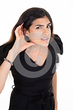 Beautiful woman hand in earphone earpiece because she does not hear in concept of deaf