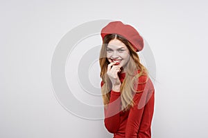 beautiful woman hand gesture fun Red lips luxury light background