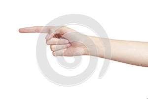 Beautiful woman hand on white background index finger gesture. isolate
