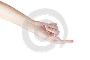 Beautiful woman hand on white background index finger gesture. isolate