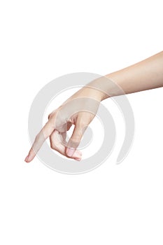 Beautiful woman hand on white background index finger gesture. isolate