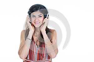 Beautiful woman hands on earphones headphones white background