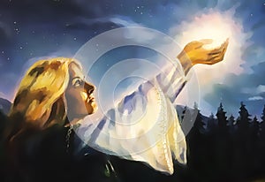 Beautiful woman with hands holding light in nocturnal landscape, computer graphic from painting.