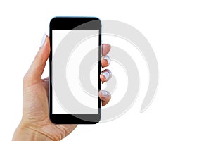 Beautiful Woman hands holding the smart phone with isolated white screen. Business workplace with copy space. Empty space for text