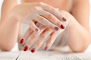 Beautiful Woman Hands. Spa Manicure concept. Soft skin, skincare