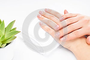 Beautiful woman hands. Spa and manicure. Soft skin, the concept of nail care.