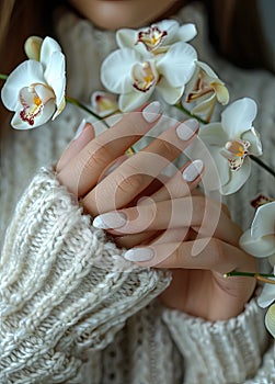 Beautiful woman hands with white manicure on gray background, a nail file and orchid flower nearby, a closeup view of