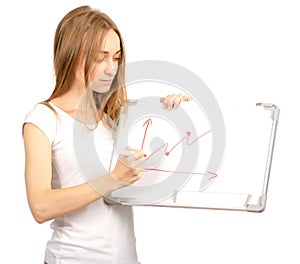 Beautiful woman in the hands whiteboard draw growth chart business