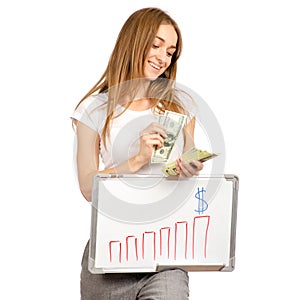 Beautiful woman in the hands whiteboard draw growth money dollars chart business