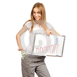 Beautiful woman in the hands whiteboard draw growth money dollars chart business