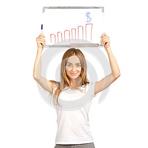 Beautiful woman in the hands whiteboard draw growth money dollars chart business