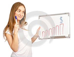 Beautiful woman in the hands whiteboard draw growth money dollars chart business