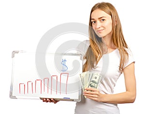 Beautiful woman in the hands whiteboard draw growth money dollars chart business