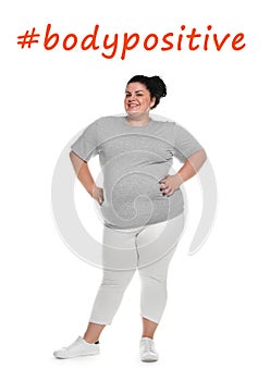 Beautiful woman and hashtag Bodypositive on white background