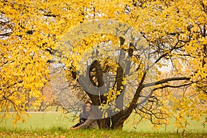 Beautiful woman having rest under huge autumn yellow tree. Lonely woman enjoying nature landscape in autumn. Autumn day. Girl sit