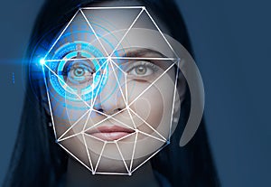 Beautiful woman head, face recognition technology