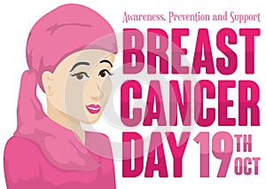 Beautiful Woman with Headscarf Promoting Breast Cancer Day in October, Vector Illustration