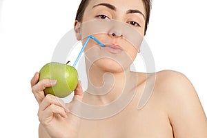 Beautiful woman with healthy apple juice isolated on white