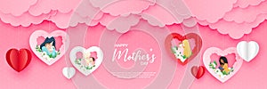 Beautiful woman with her baby. Happy mothers day card. Paper cut style. Vector illustration