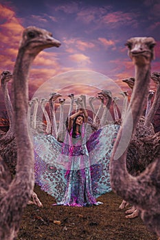 Beautiful woman with herd of ostriches