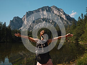 Beautiful woman hiker near Gruner See, Austria