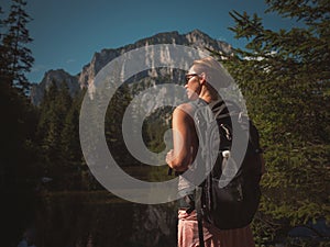 Beautiful woman hiker near Gruner See, Austria