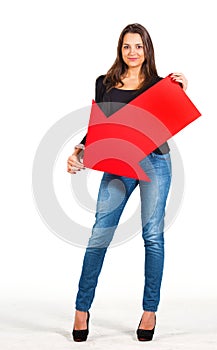Beautiful woman holding an arrow pointing down