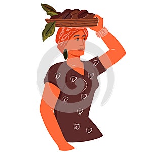 Beautiful woman holding basket of coffee beans, hand drawn flat vectorÑŽ