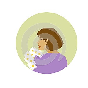 Beautiful woman holding a bouquet of flowers in her hand. Illustration in cartoon style