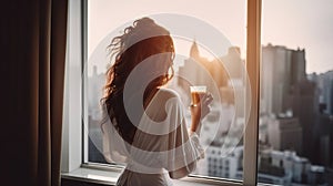 Beautiful woman holding coffee cup and looking to the window in luxury penthouse, apartments. Good morning after wake up.