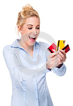 Beautiful Woman Holding Credit Cards