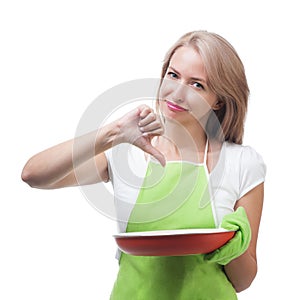 Beautiful woman holding a dish for a delicious meal solated on w