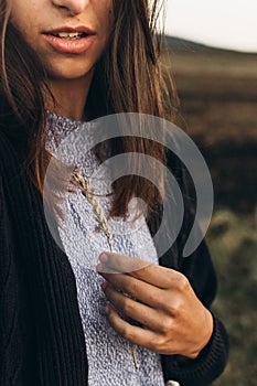 Beautiful woman holding ear wheat in sunlight sunset in summer e