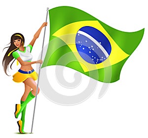 Beautiful woman holding flag of Brazil. Soccer fan