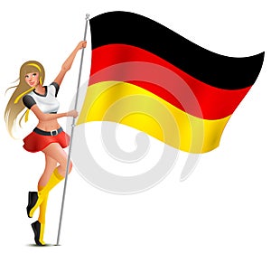Beautiful woman holding flag of German. Soccer fan cheerleader