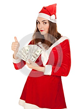 Beautiful woman holding a lot of money isolated on white
