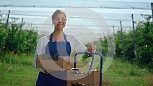 Beautiful woman holding orchard cherry box at modern sunny outdoors green house.