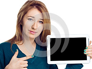 Beautiful woman holding a tablet computer and showing on black screen on white background