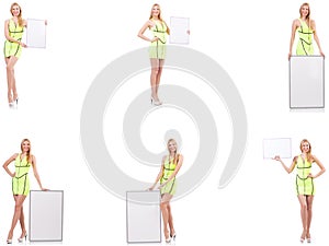 The beautiful woman holding whiteboard isolated on white