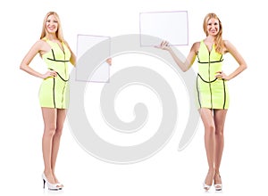 The beautiful woman holding whiteboard isolated on white