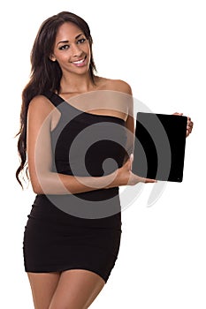Beautiful woman holds blank tablet computer.