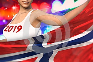 Beautiful woman holds Norway flag in front on the party lights - Christmas and 2019 New Year flag concept 3d illustration