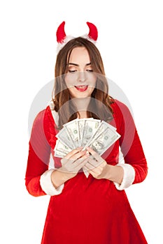 Beautiful woman with horn holding a lot of money