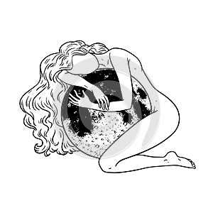Beautiful woman hugging full moon, magic theme, goddess symbol. Vector illustration