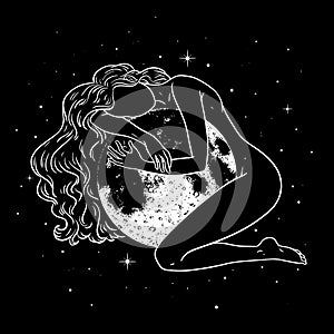 Beautiful woman hugging full moon in space, magic theme, goddess symbol. Vector illustration photo